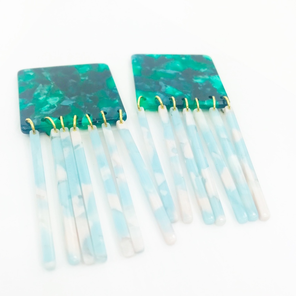 Square Earrings in Green with Blue Fringe - Picture 2 of 7